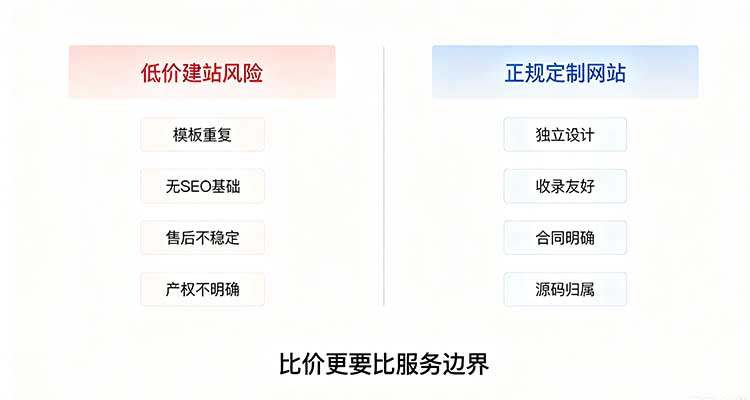 低价建站vs正规定制网站核心对比示意图